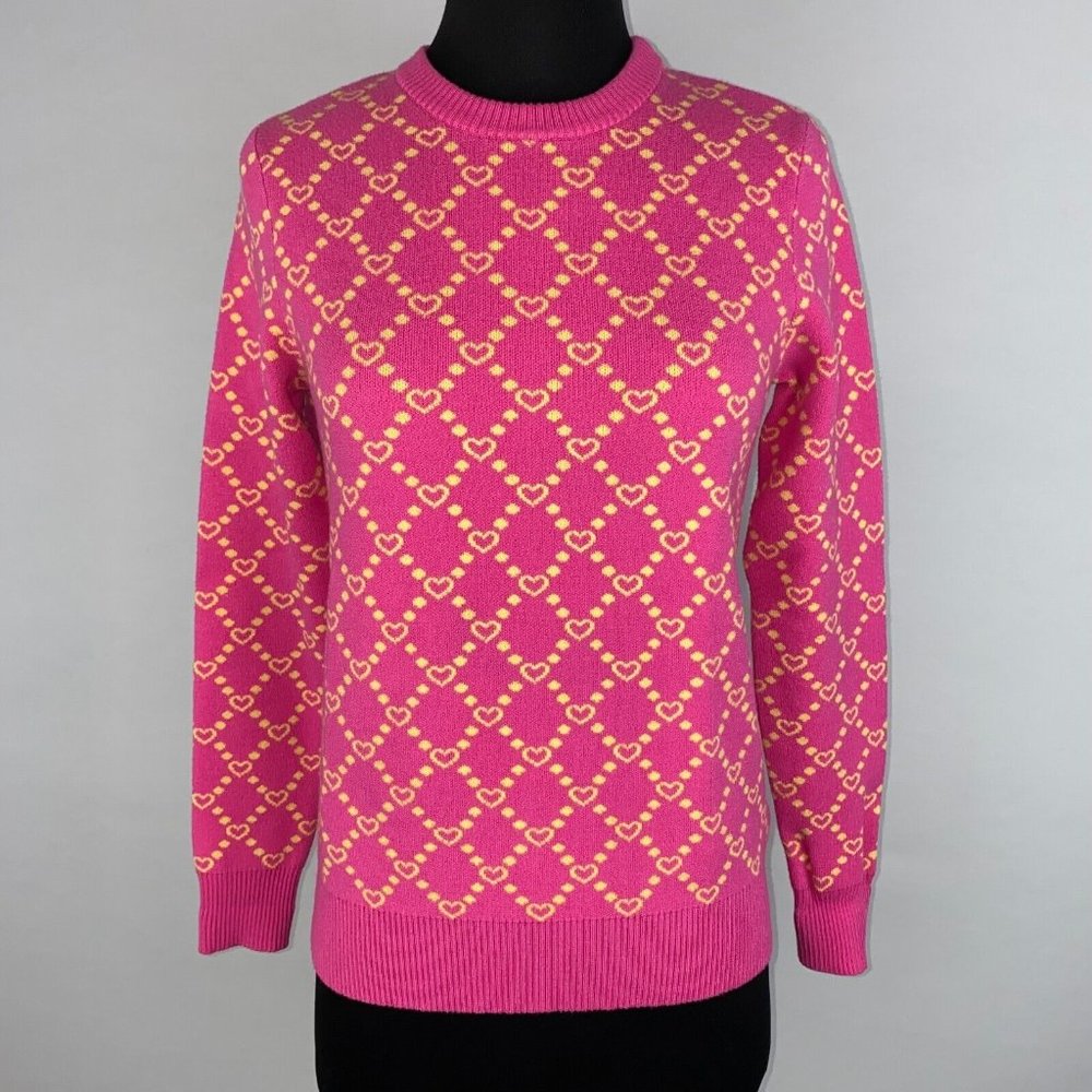 Shein USA S / EUR S Pink Yellow Heart Patterned Long Sleeve Knit Sweater
